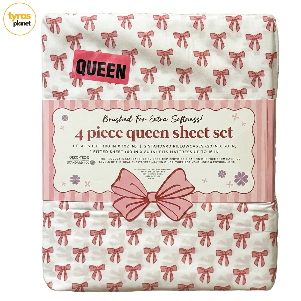EnVogue Pink Bow Coquette Brushed Softness 4pc Queen Sheet Set White Pink